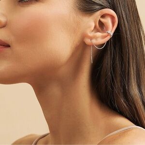 SILVER 18k White Gold Plated Cubic Zirconia Ear Cuff Thread Earring